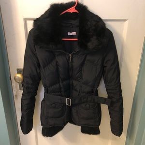 Max & co black fur belted puffer jacket coat Sz 2